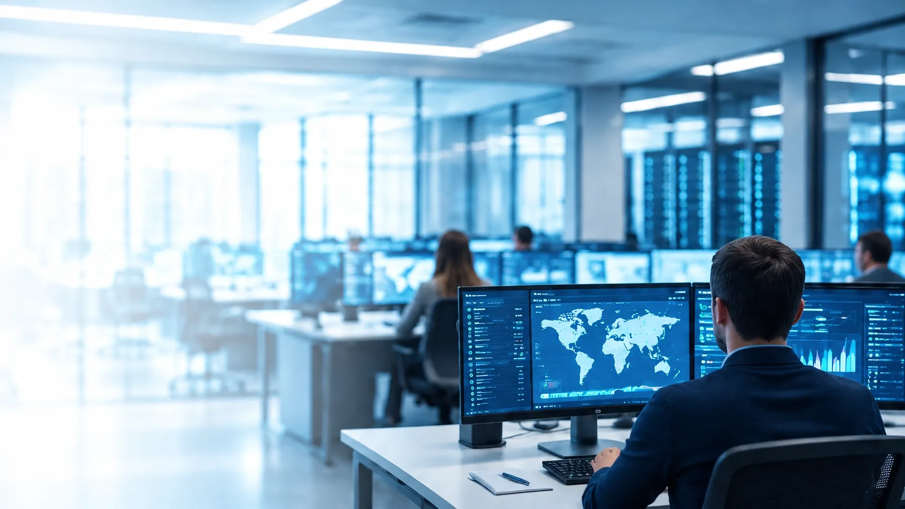 Service operations centre with an analyst monitoring live dashboards
