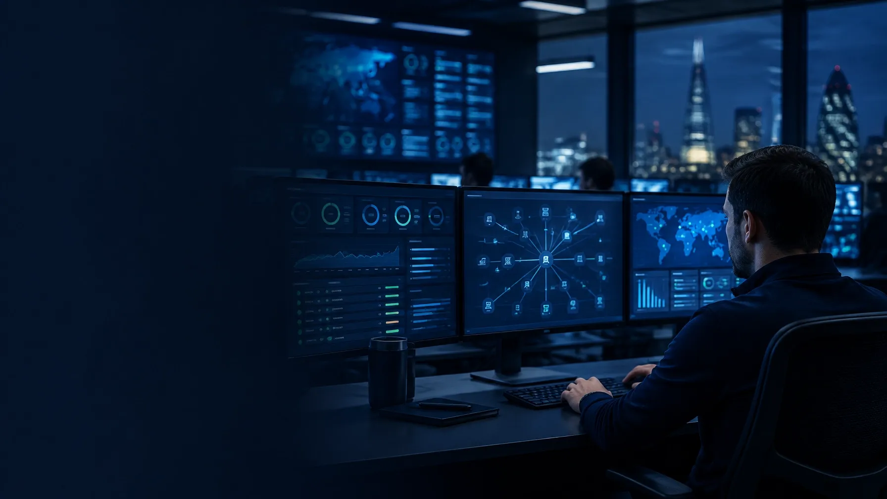 Service operations specialist monitoring connected enterprise dashboards