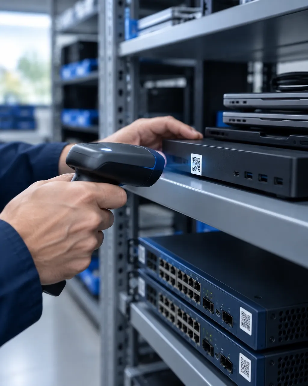 IT asset specialist scanning equipment inventory in a technology store room