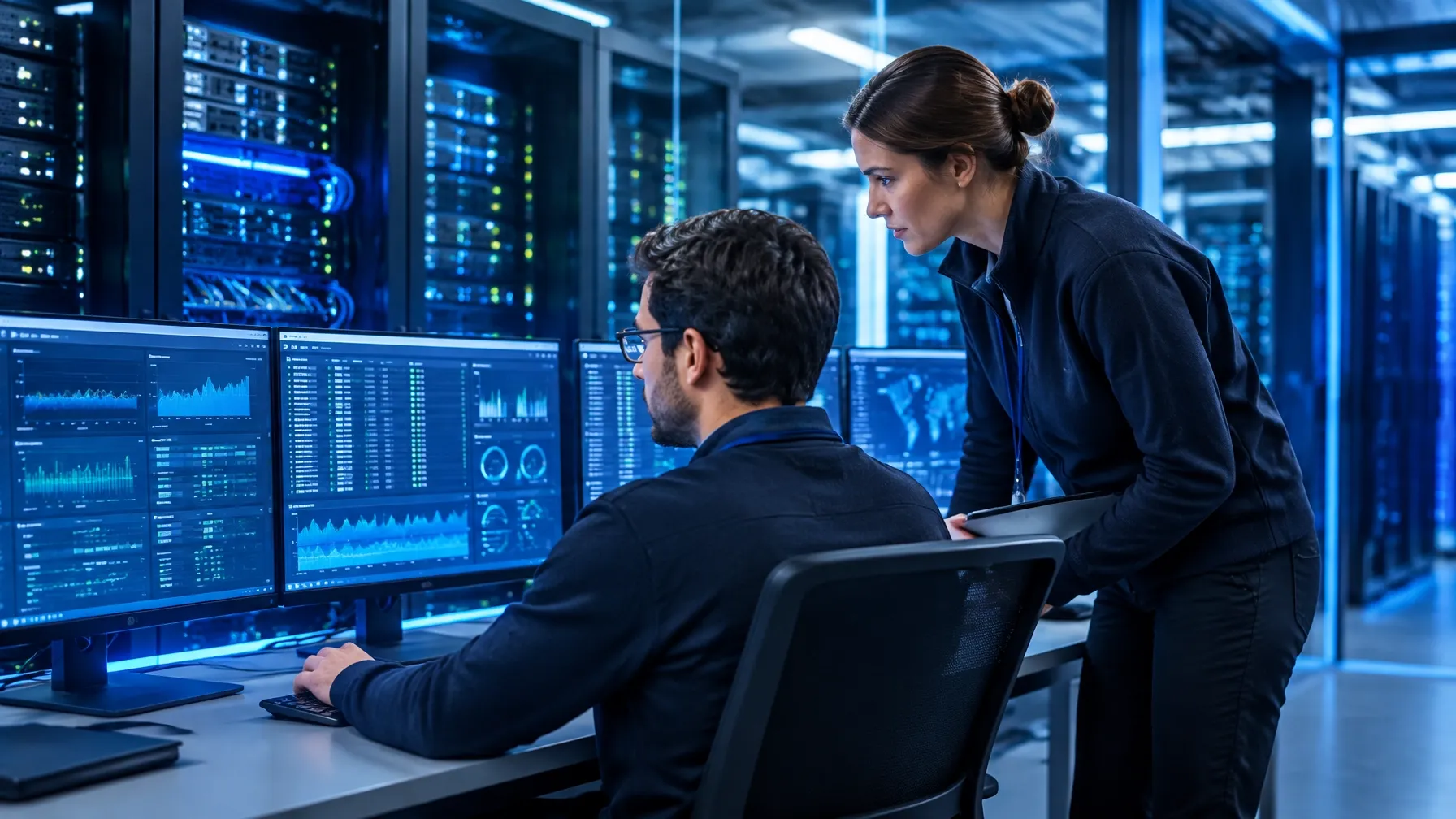 Technology specialists collaborating over an enterprise workflow dashboard
