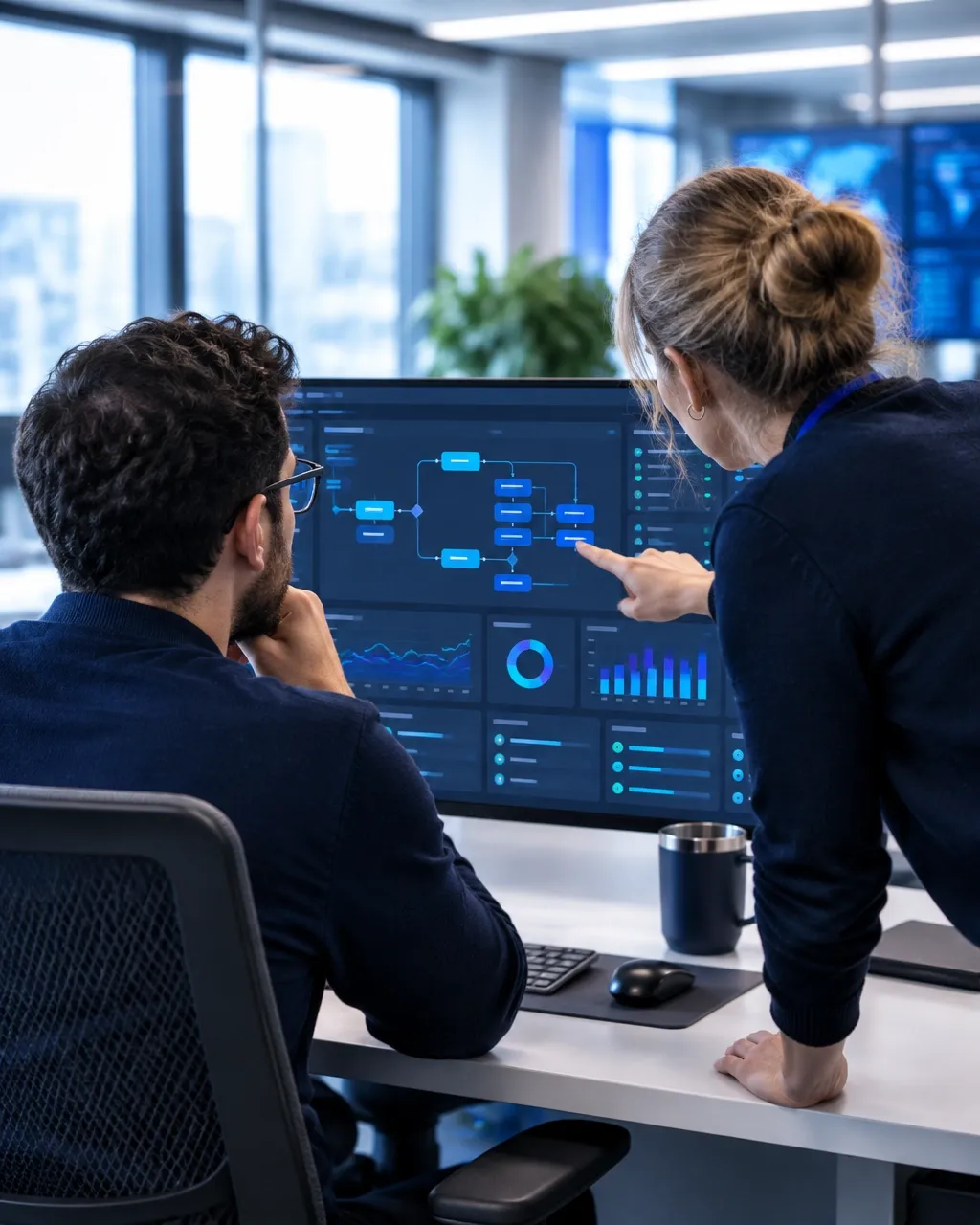Two platform specialists reviewing an enterprise workflow dashboard